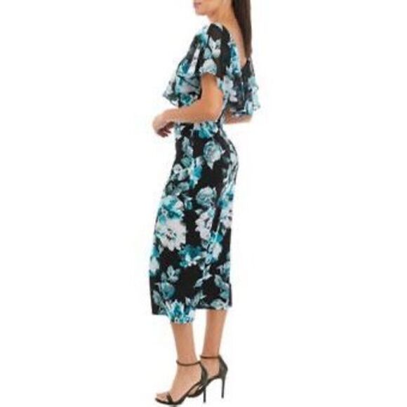 Connected Apparel 12 Ruffle Chest Floral Midi Dress Black Blue Wedding Guest NWT - Picture 3 of 15
